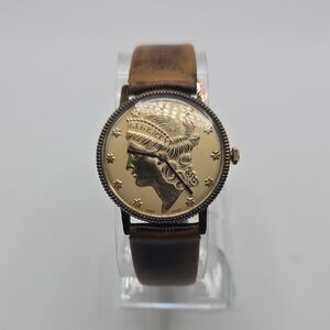Vintage Hilton Lady Liberty Head Coin Gold Dial Watch with Brown Leather Strap